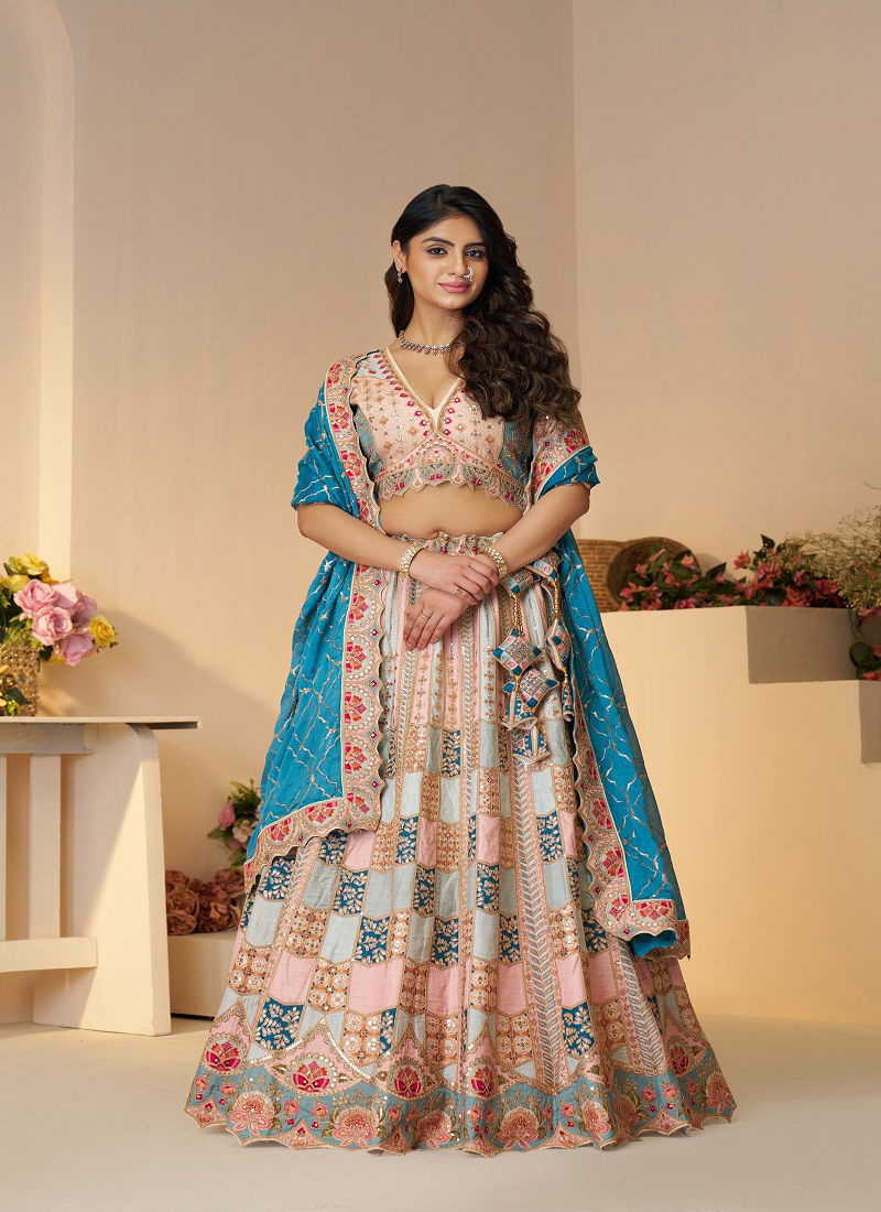 Kf 128 Sky Blue Dola Silk Party Wear Lehengas Wholesale Market In Surat